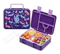 rockpapa 5 Compartment Bento Lunch Box for Kids, Leak Proof, Dishwasher Safe, BPA Free Materials, Snack Bento Box with Utensils, Ideal Portion Size for Boys Girls Ages 3+ (Purple Butterfly)