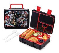 rockpapa 5 Compartment Bento Lunch Box for Kids, Leak Proof, Dishwasher Safe, BPA Free Materials, Snack Bento Box with Utensils, Ideal Portion Size for Boys Girls Ages 3+ (Black Dinosaur)