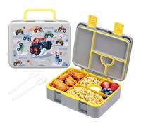 rockpapa 5 Compartment Bento Lunch Box for Kids, Leak Proof, Dishwasher Safe, BPA Free Materials, Snack Bento Box with Utensils, Ideal Portion Size for Boys Girls Ages 3+ (Grey Trucks)