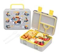 rockpapa 5 Compartment Bento Lunch Box for Kids, Leak Proof, Dishwasher Safe, BPA Free Materials, Snack Bento Box with Utensils, Ideal Portion Size for Boys Girls Ages 3+ (Grey Constr Turcks)