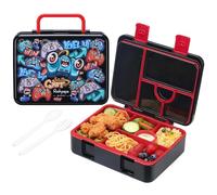 rockpapa 5 Compartment Bento Lunch Box for Kids, Leak Proof, Dishwasher Safe, BPA Free Materials, Snack Bento Box with Utensils, Ideal Portion Size for Boys Girls Ages 3+ (Black Games)