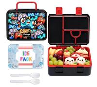 rockpapa 5 Compartment Bento Lunch Box with Ice Pack for Kids, Leak Proof, Dishwasher Safe, BPA Free Materials, 47oz Snack Bento Box with Utensils & Handle for Boys Girls Ages 3+ (Black Games)