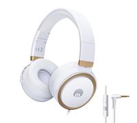 Rockpapa Circle ONE Foldable Kids Headphones Wired with Microphone &3.5mm | Lightweight Adjustable Stereo Sound No-Tangle Cord On-Ear Headphones for Kids Adult School Travel Laptop Tablet White/Gold
