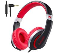 Rockpapa I20 Wired Headphones, Wired Headset On Ear Stereo Headphone with Microphone for Kids Children Adult, Adjustable Headband, Foldable Headphones for Travel/PC/Mac/Laptop/Phone (Black Red)