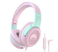 Rockpapa Share 1 Kids Headphones Wired with Microphone, 85/94dB Volume Limited, Sharing Function, Foldable, Adjustable, Childrens Headphones Over Ear for School/Travel/Phone/PC/MP3, Pink Green