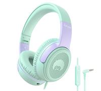 Rockpapa Share 1 Kids Headphones Wired with Microphone, 85/94dB Volume Limited, Sharing Function, Foldable, Adjustable, Childrens Headphones Over Ear for School/Travel/Phone/PC/MP3, Green Purple