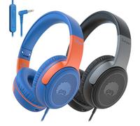 Rockpapa Share1 Kids Headphones Wired with Microphone, 85/94dB Volume Limited, Sharing Function, Foldable, Adjustable, Childrens Headphones Over Ear for School/Travel/Phone, Grey Black + Blue Orange