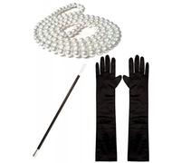 RockParty 1920s Fancy Dress Charleston Set: Pearl Beads, Cigarette Holder, Black Gloves