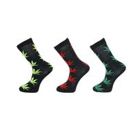RockParty 3 Pairs Unisex Cannabis Leaf Pattern Crew Socks - Black with Green, Red & Neon Marijuana Designs - Cotton Blend, UK Size 6-11