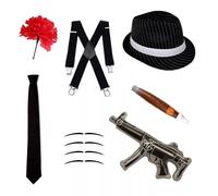RockParty Gangster Costume Accessory Set 6 Piece 1920s Fancy Dress Kit with Trilby Hat, Tie, Braces, Fake Cigar, Moustache & Red Carnation for Mobster, Gatsby & Halloween Parties (Set 1 (Black))