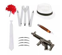 RockParty Gangster Costume Accessory Set 6 Piece 1920s Fancy Dress Kit with Trilby Hat, Tie, Braces, Fake Cigar, Moustache & Red Carnation for Mobster, Gatsby & Halloween Parties (Set 2 (White))