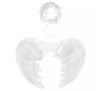 RockParty Kids White Angel Wings & Halo Set - Feather Fairy Cherub Fancy Dress Costume for Halloween, Parties & Nativity Plays
