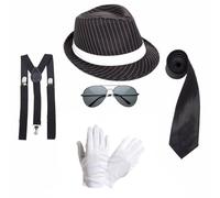 RockParty Michael Jackson Costume Accessories Set Fedora Hat, White Gloves, Tie, Braces & Aviator Sunglasses King of Pop Tribute Fancy Dress for Adults & Teens