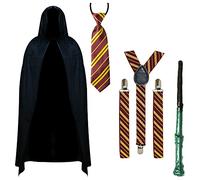RockParty Wizard Costume Set for Kids Magic Cloak, Wand, Scarf, Tie, Suspenders School Boy/Girl Halloween Cosplay Fancy Dress Outfit Book Day Wizard Fancy Dress Accessories (Kid Set 2)