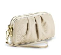 Rockreyoa Leather Women's Wallet with Wrist, Double Zipper, Women's Clutch Handbag, Coin Purse, Clutch Bag, Fashionable Ruffled Hobo Bag for School, Work, Travel, Shopping, Milkshake, White