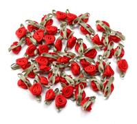 Rockreyoa Mini Ribbon Roses Mini Roses Ribbon Flowers Bows Roses with Leaf Mini Handmade Roses Flower Mini Ribbon Bows Roses Flower Satin Roses with Green Leaves Red Pack of 50