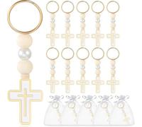 Rockreyoa Pack of 10 Cross Key Chains Wooden Beads Christening Cross Pendant with Organza Bag Keychain Bag Pendant Key Rings Lucky Charm for DIY Wedding Communion Party Gifts