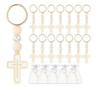 Rockreyoa Pack of 15 Cross Key Chains Wooden Beads Christening Cross Pendant with Organza Bag Keychain Bag Pendant Key Rings Lucky Charm for DIY Wedding Communion Party Gifts