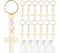 Rockreyoa Pack of 20 Cross Key Chains Wooden Beads Christening Cross Pendant with Organza Bag Keychain Bag Pendant Key Rings Lucky Charm for DIY Wedding Communion Party Gifts