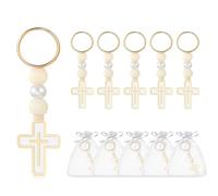 Rockreyoa Pack of 5 Cross Key Chains Wooden Beads Christening Cross Pendant with Organza Bag Keychain Bag Pendant Key Rings Lucky Charm for DIY Wedding Communion Party Gifts