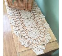 Rockreyoa Rectangular Crochet Table Runner, Macrame Table Runner, Boho Cotton Flax Table Runner, Crochet Lace Mesh Tablecloth for Table Dresser, Scarf, Coffee Table, Sofa, TV Stand, Beige, 30 x 100 cm