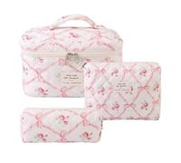 Rockreyoa Travel Cosmetic Bag Coquette Cosmetic Bag Made of Cotton Large Makeup Bag Organiser with Brush Compartment Kawaii Toiletry Bag Flowers Quilted Toiletry Bag Rhombic Pink Flowers 25 x 16 x 16