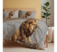 Rocks Lion Super King Coverless Duvet Set, 3 Pieces | 264x240cm Simple Complex Animal Lightweight Quilt, 2 Pillowcases, Soft Microfiber Bed Cover Bedding for Bedroom, All Seasons