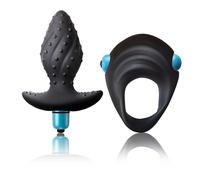 Rocks Off Men's Ibex Couples Textured C Ring & Butt Plug Pleasure Kit in Black Rocks Off Black