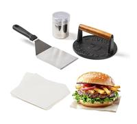 ROCKSHEAT 4PCS Smash Burger Press Kit, 7" Round Cast Iron Smash Bacon Press, Spatula, Seasoning Shaker and Patty Papers, Food-Grade Griddle Press Set for Outdoor Grilling and Tailgates