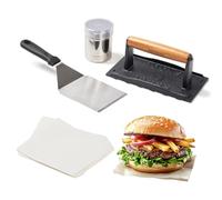 ROCKSHEAT 4PCS Smash Burger Press Kit, 8"X4" Rectangular Cast Iron Smash Bacon Press, Spatula, Seasoning Shaker and Patty Papers, Food-Grade Griddle Press Set for Outdoor Grilling and Tailgates