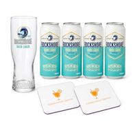 Rockshore Irish Lager Gift Set | 4 x 440ml Cans, 1.76L Total | 4% ABV | 20oz CE Marked Nucleated Pint Glass | and 2 Celebration Spirits Beer Mats