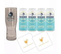 Rockshore Lager Gift Set Bundle | Rockshore Cans 4 x 440mls | Rockshore Pint Glass - 20oz Nucleated | 2x Celebration Spirits Beer Mats