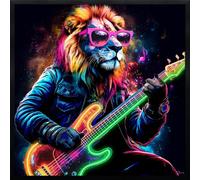 Rockstar Lion Led Wall Art - Neon Music Canvas (83X83Cm)