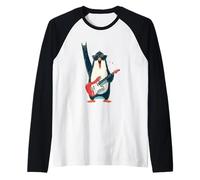 Rockstar Penguin with Sunglasses Electric Guitar Rock Sign Raglan Baseball Tee