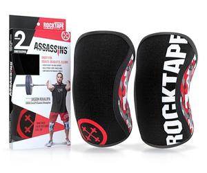 Rocktape Knee Sleeves, 2-Pack, Competition Grade, 7mm Thickness, Compression Neoprene, Extra Long for VMO Support, Assassins, Red, M