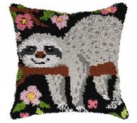 ROCKY&CHAO Gray Sloth Latch Hook Cushion Kits for Adults - 17X17Inch, Latch Hook Pillow Case Kits Embroidery Kits 43X43CM, DIY Needlework Pillow Cover Cushion Rug Making Kit, DIY Craft Kits for Women