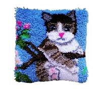 ROCKY&CHAO Latch Hook Kit for Adults & Kids, Complete DIY Cushion Making Craft Kits with Yarn & Canvas and Crochet Needle, Latch Hook Pillow Cover Adult Craft Kits for Women - Tabby Cat 43x43cm