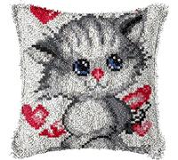 ROCKY&CHAO Latch Hook Kit for Adults & Kids, Complete DIY Cushion Making Craft Kits with Yarn & Canvas and Crochet Needle, Latch Hook Pillow Cover Adult Craft Kits for Women - Red-Nosed Cat 43x43cm