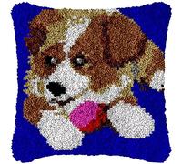 ROCKY&CHAO Latch Hook Kit for Adults, Latch Hook Pillow Case Kits, DIY Latch Hook Cushion Kits 17X17Inch, Cross Stitch Embroidery Kits Latch Hook Pillow Cover Kits Home Decor 43x43cm - Playful Dogs