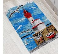 ROCKY&CHAO Latch Hook Rug Kit Complete DIY Rug Making Craft Kits with Yarn & Canvas and Crochet Needle, Adult Craft Kits for Women, Relaxing Home Art Project - Seagull and Lighthouse 60x40cm