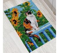 ROCKY&CHAO Latch Hook Rug Kit Complete DIY Rug Making Craft Kits with Yarn & Canvas and Crochet Needle, Adult Craft Kits for Women, Relaxing Home Art Project - Cats and Sunflowers 50x38cm