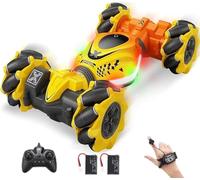 ROCKY&CHAO Remote Control Car for Kids Adults, 2.4GHz 4WD Gesture Sensor Drift RC Stunt Car, Double Sided Rotating 4WD High Speed Off-Road Vehicle Toys 360° Rotation with Lights and Music-Yellow