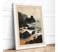 Rocky Coastline in Mist Coastal Framed Wall Art Print A4 (29.7×21cm) White, Wall Decor for Living Room, Bedroom, Office & Home, Ready to Hang, Art Gift