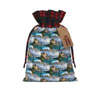 Rocky Mountains Printing Color Matching Plaid Drawstring Christmas Bag With Kraft Tag 4.7x6.9 In For Halloween