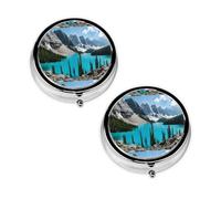 Rocky Mountains Round Pill Box Compact 3 Compartment Metal Pill Organizer with Print Design, Portable Travel Medication Case for Daily