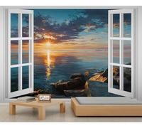 Rocky Shore Beach Mural Seaside Sunrise Wallpaper Ocean Landscape Wall Decor Sunset Golden Ocean Mural 3D Window Wallpaper for Living Room Bedroom 500 x 317 cm
