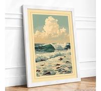 Rocky Shore Under Clouds Japandi Framed Wall Art Print A2 (59.4×42cm) White, Wall Decor for Living Room, Bedroom, Office & Home, Ready to Hang, Art Gift