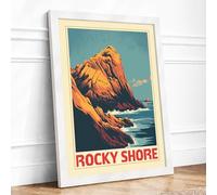Rocky Shore Vintage Retro Framed Wall Art Print A2 (59.4×42cm) White, Wall Decor for Living Room, Bedroom, Office & Home, Ready to Hang, Art Gift