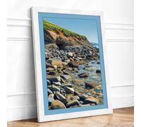 Rocky Shoreline at Daylight Coastal Framed Wall Art Print A4 (29.7×21cm) White, Wall Decor for Living Room, Bedroom, Office & Home, Ready to Hang, Art Gift