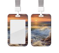 Rocky Wave Sunset Painting ID Badge Holder with Lanyard ID Card Holders Cute Nurse Name Tag Vertical Credit Cards Holder Sliding Card Case Protector Pouch for Office Doctor Nurse Worker